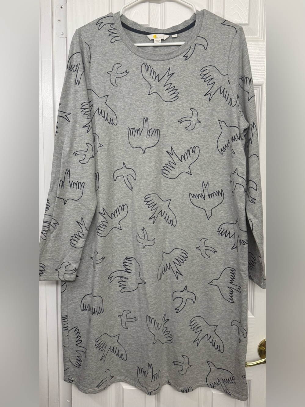 Boden Gray Bird-Print Casual Long Sleeve Dress (0252)